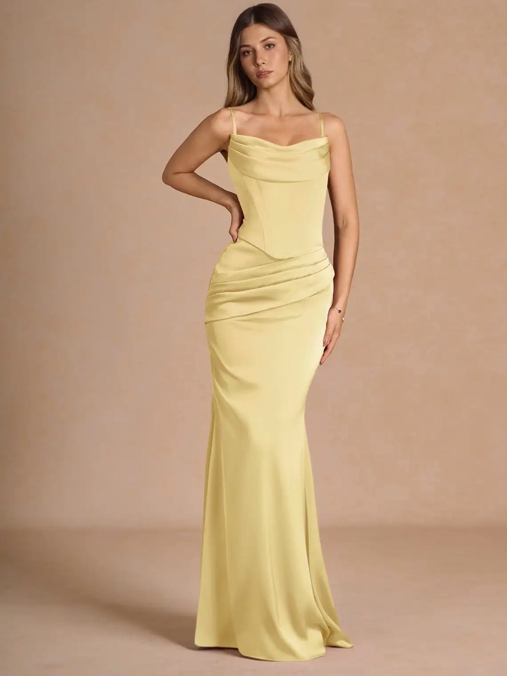 Azazie Lemon Strapless Column Gown with Draped Scarf - Picture 3 of 8